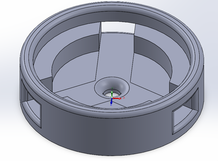 SolidWorks model of the housing, with an internal ledge to seat the disc, a central hole for the shaker rod and side windows for the wires